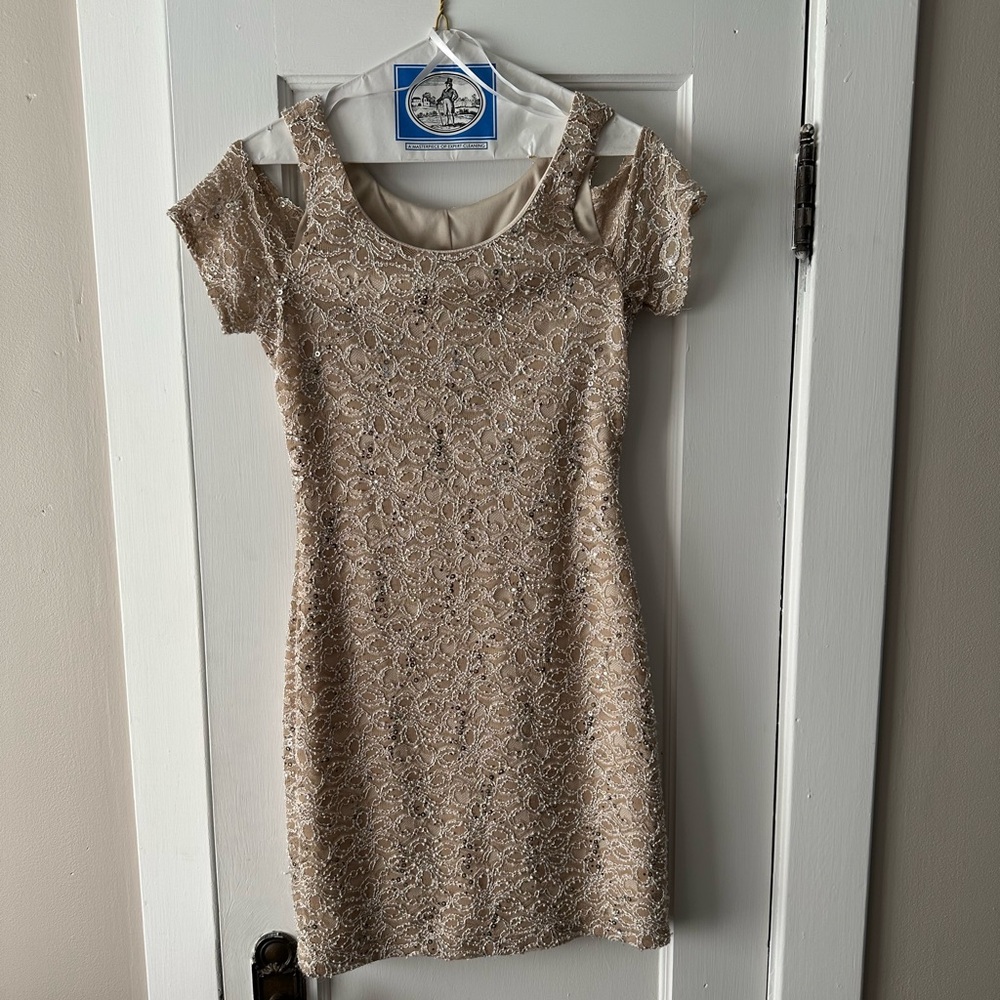 Sparkly, tan bodycon dress